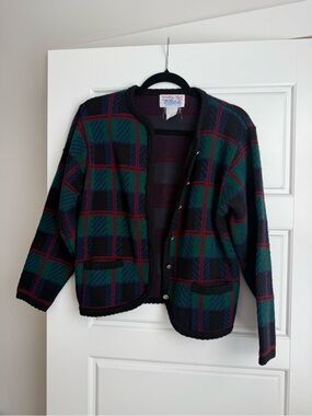 Tally Ho Green & Navy Plaid Knit Cardigan Jacket
